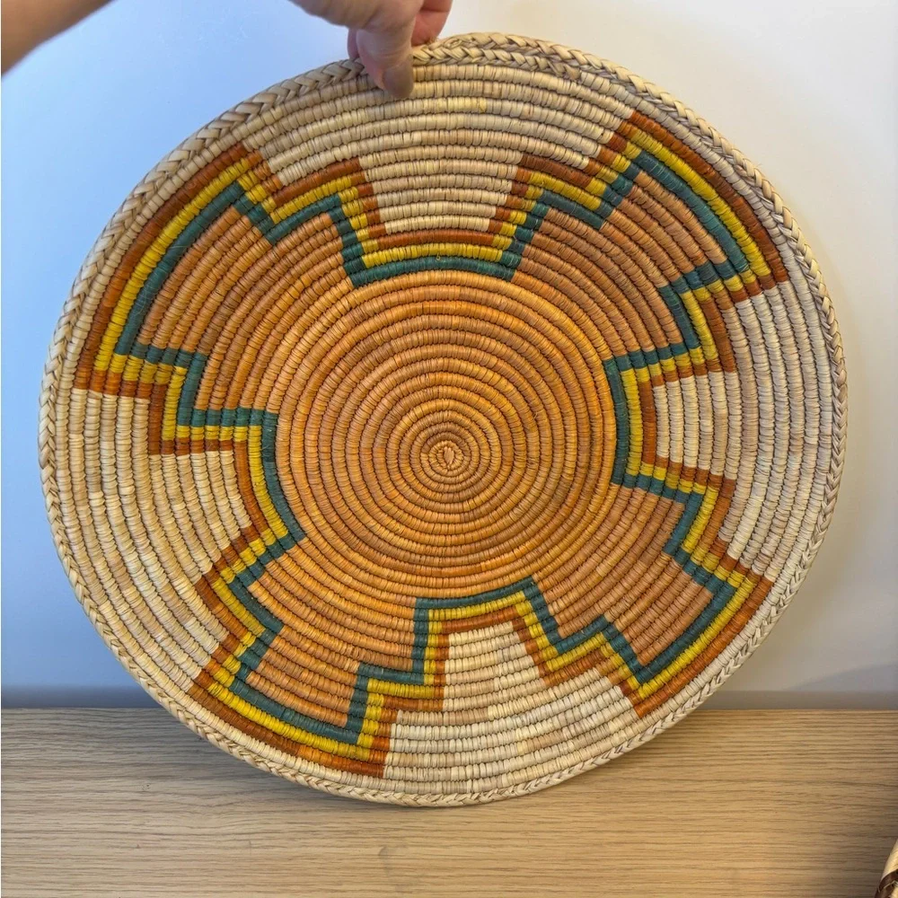 Vintage Handwoven Coil Multicolor Decorative Basket 15” Diameter